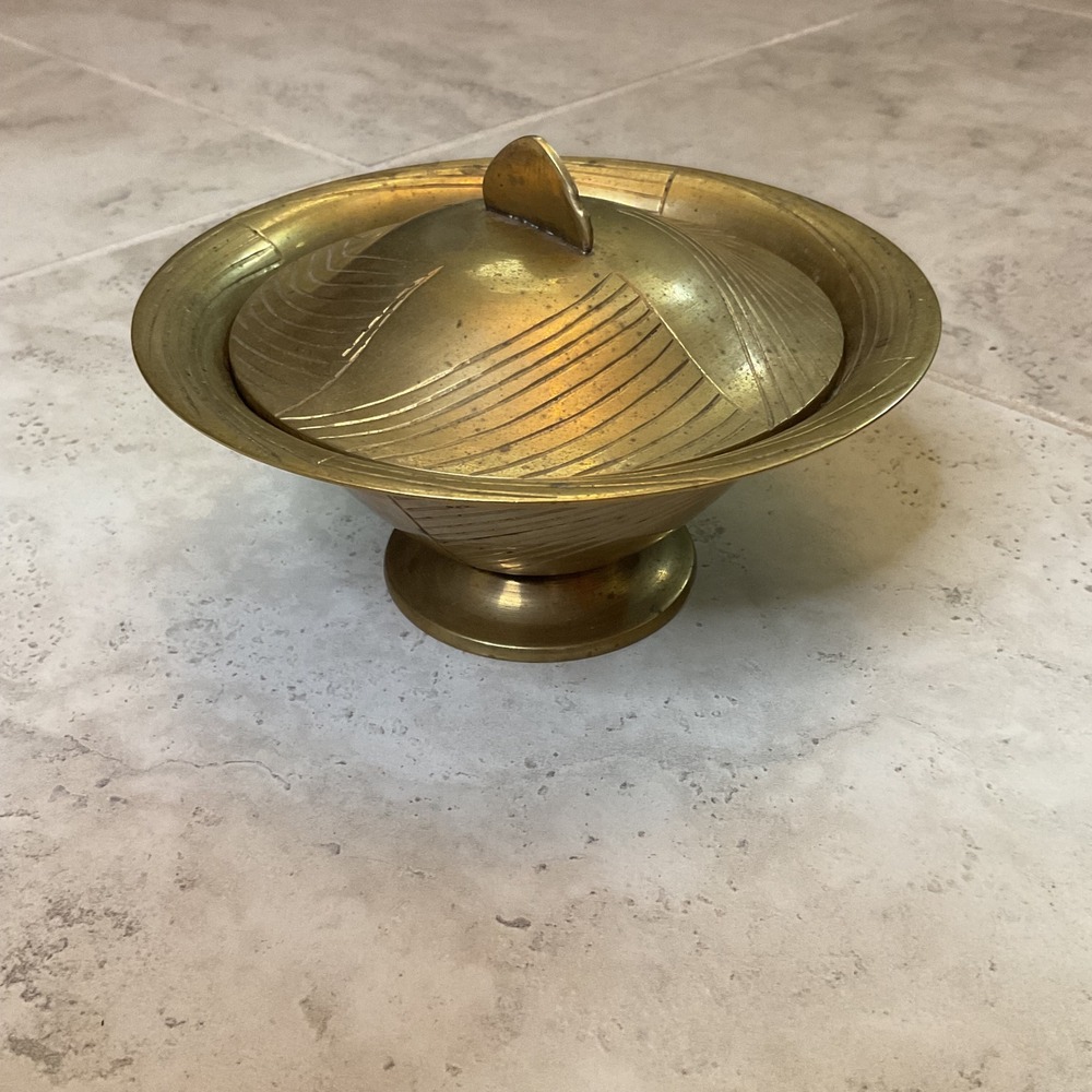 Vintage Sarna Brass India 96 Footed Bowl with Lid Etched Geometric Design Gold